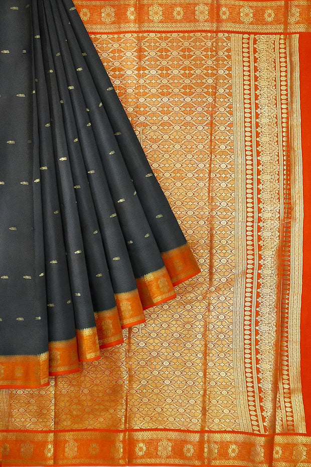 Mysore crepe pure silk saree in black  with small motifs