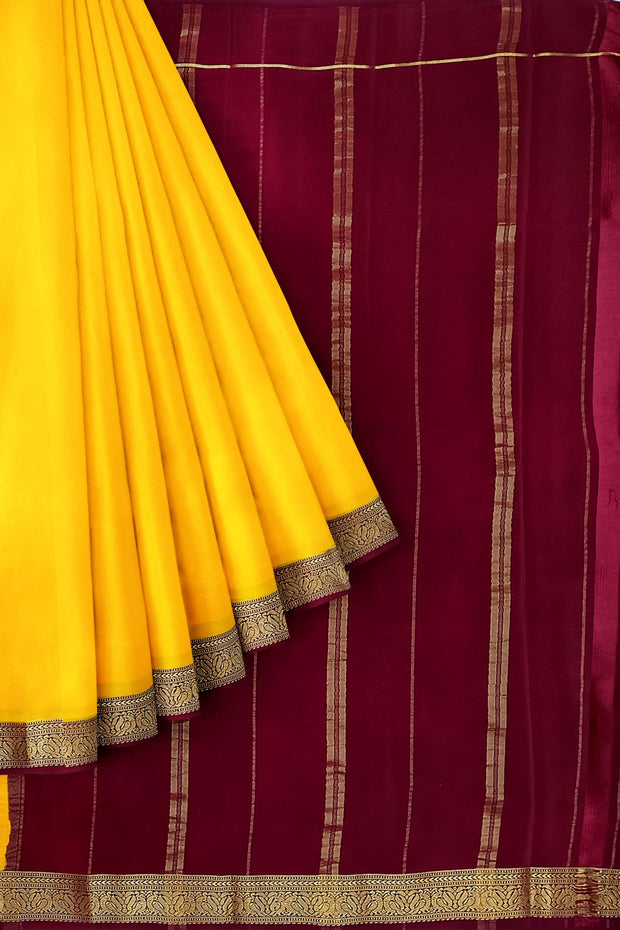 Gorgeous Mysore pure silk & pure gold zari saree in yellow with striped pallu