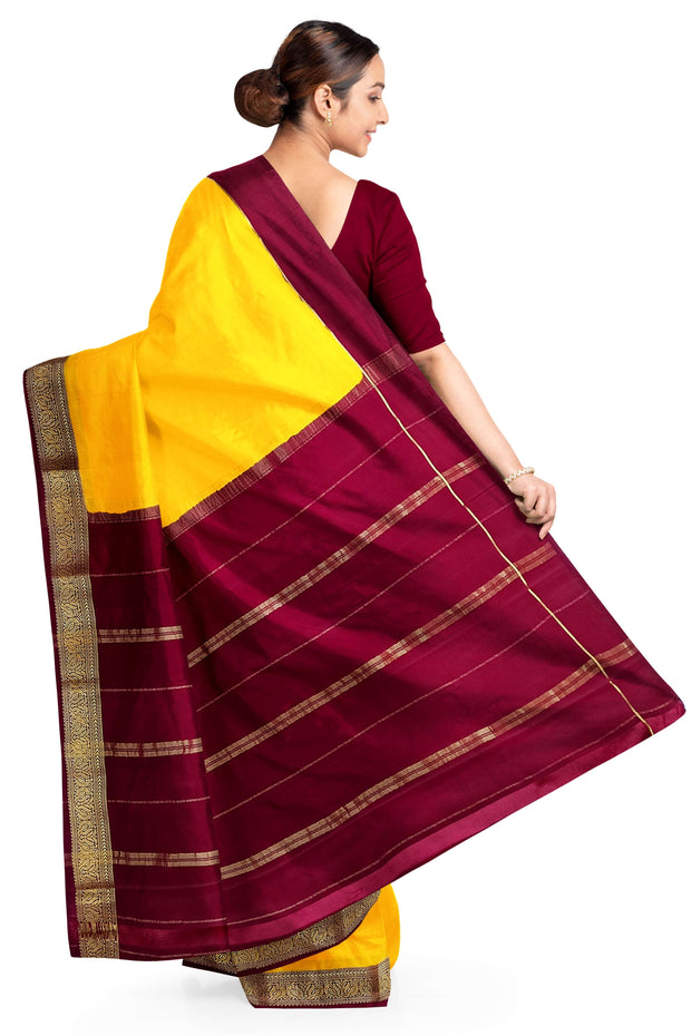 Gorgeous Mysore pure silk & pure gold zari saree in yellow with striped pallu