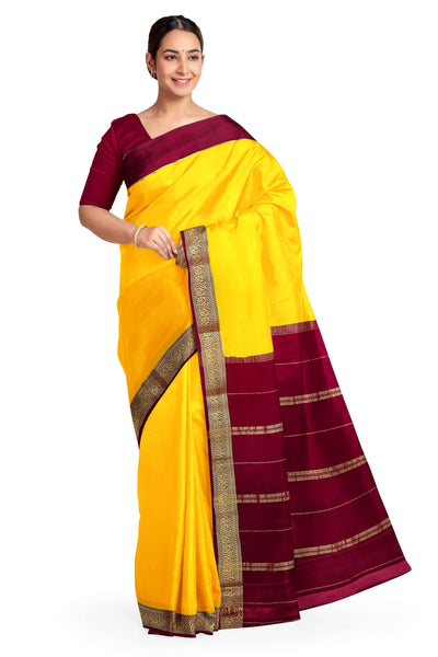 Gorgeous Mysore pure silk & pure gold zari saree in yellow with striped pallu