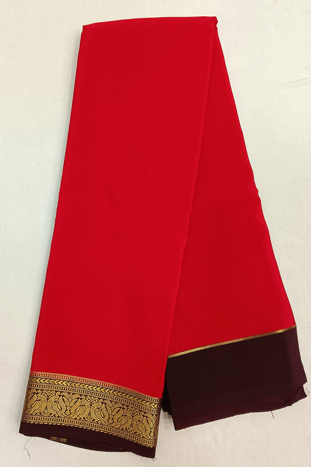 Gorgeous Mysore pure silk & pure gold zari saree in red with striped pallu