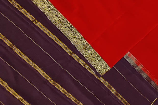 Gorgeous Mysore pure silk & pure gold zari saree in red with striped pallu