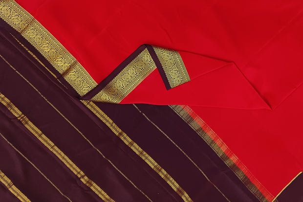 Gorgeous Mysore pure silk & pure gold zari saree in red with striped pallu
