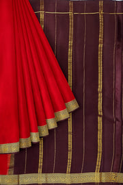 Gorgeous Mysore pure silk & pure gold zari saree in red with striped pallu