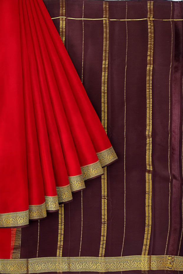 Gorgeous Mysore pure silk & pure gold zari saree in red with striped pallu