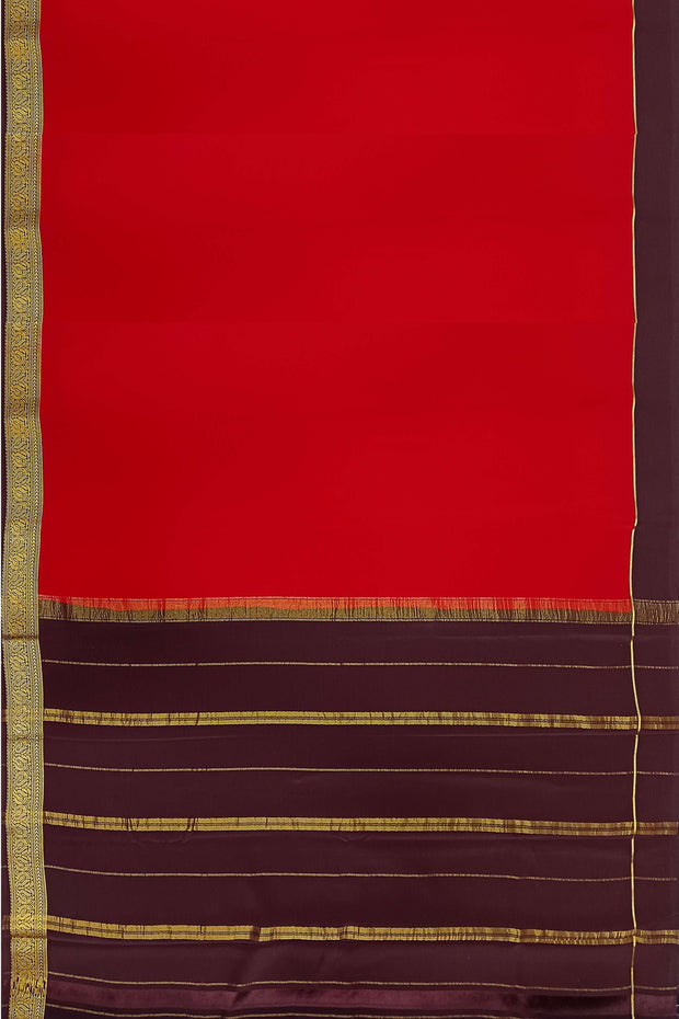 Gorgeous Mysore pure silk & pure gold zari saree in red with striped pallu