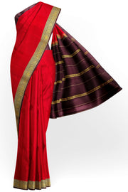 Gorgeous Mysore pure silk & pure gold zari saree in red with striped pallu