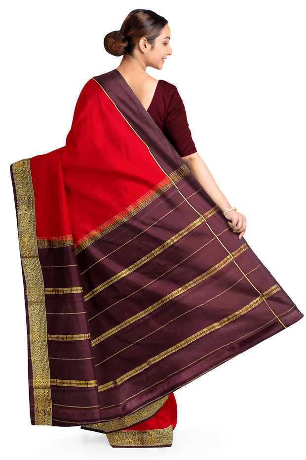 Gorgeous Mysore pure silk & pure gold zari saree in red with striped pallu