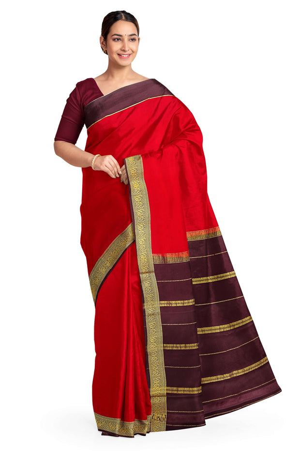 Gorgeous Mysore pure silk & pure gold zari saree in red with striped pallu