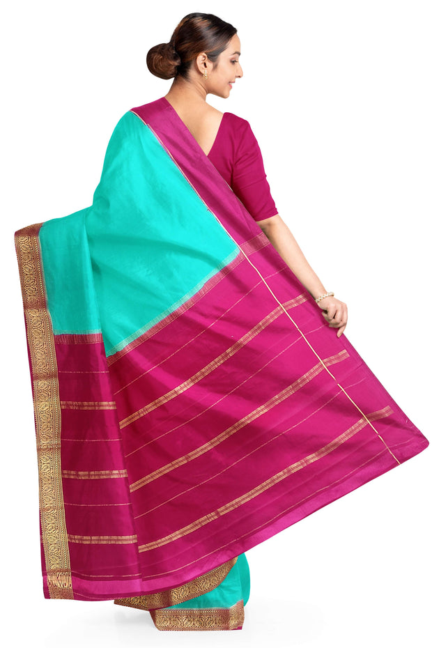 Gorgeous Mysore pure silk & pure gold zari saree in pool blue with striped pallu