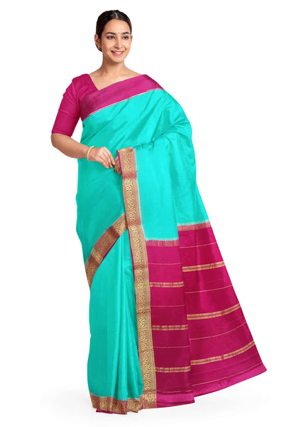 Gorgeous Mysore pure silk & pure gold zari saree in pool blue with striped pallu
