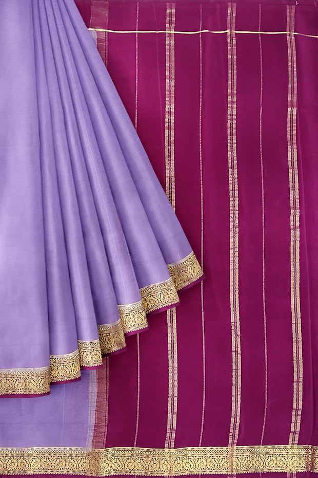 Gorgeous Mysore pure silk & pure gold zari saree in dark lavender with striped pallu