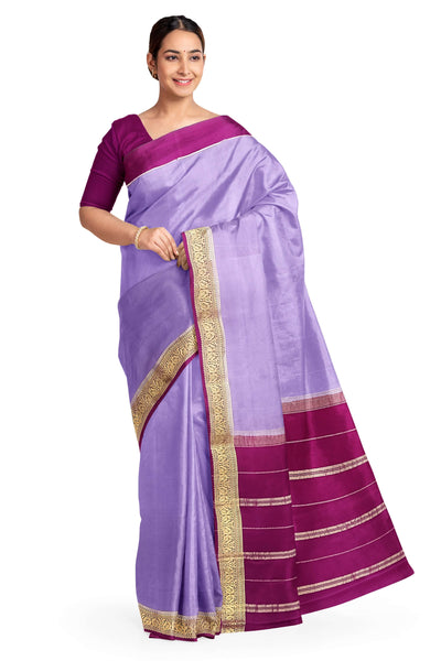 Gorgeous Mysore pure silk & pure gold zari saree in dark lavender with striped pallu