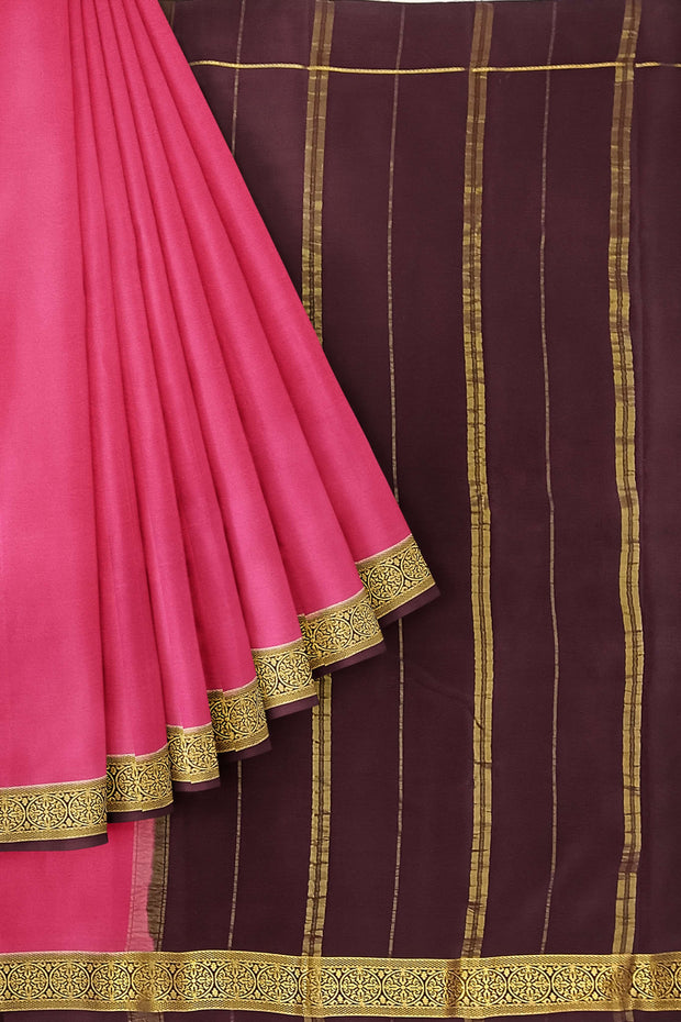 Gorgeous Mysore pure silk & pure gold zari saree in onion pink with striped pallu