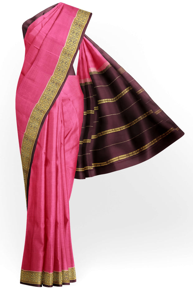 Gorgeous Mysore pure silk & pure gold zari saree in onion pink with striped pallu