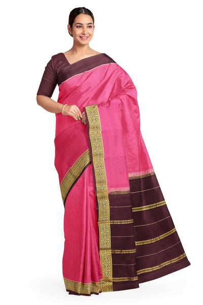 Gorgeous Mysore pure silk & pure gold zari saree in onion pink with striped pallu