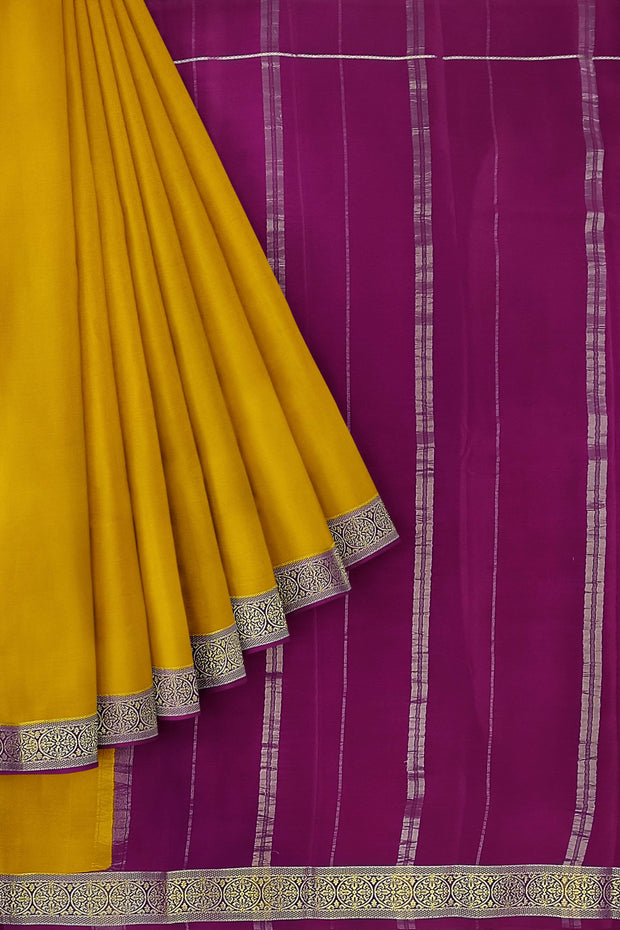 Gorgeous Mysore pure silk & pure gold zari saree in mustard with striped pallu