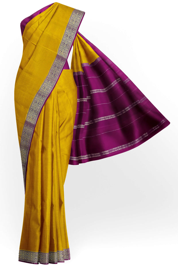 Gorgeous Mysore pure silk & pure gold zari saree in mustard with striped pallu