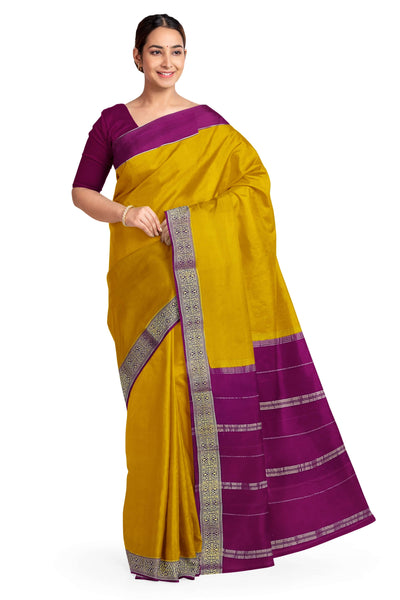 Gorgeous Mysore pure silk & pure gold zari saree in mustard with striped pallu