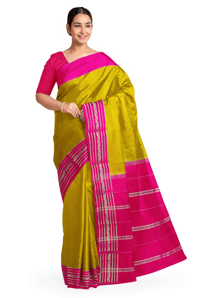 Gorgeous Mysore pure silk & pure gold zari saree in mustard green with striped pallu