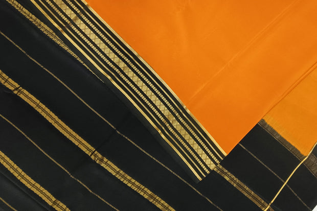 Gorgeous Mysore pure silk & pure gold zari saree in orange with striped pallu