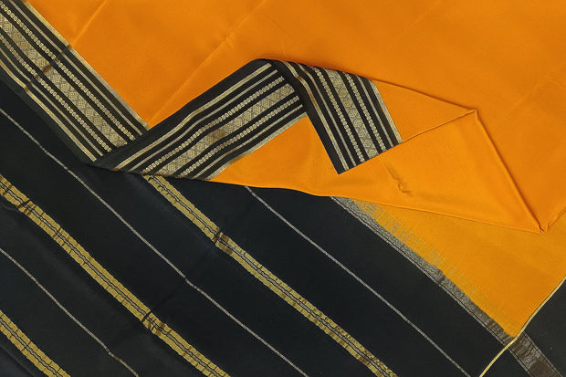 Gorgeous Mysore pure silk & pure gold zari saree in orange with striped pallu