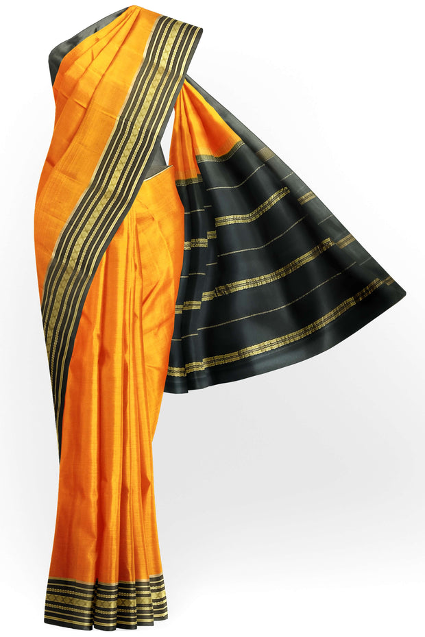 Gorgeous Mysore pure silk & pure gold zari saree in orange with striped pallu