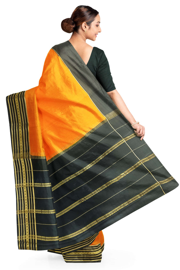 Gorgeous Mysore pure silk & pure gold zari saree in orange with striped pallu