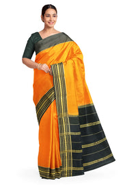 Gorgeous Mysore pure silk & pure gold zari saree in orange with striped pallu