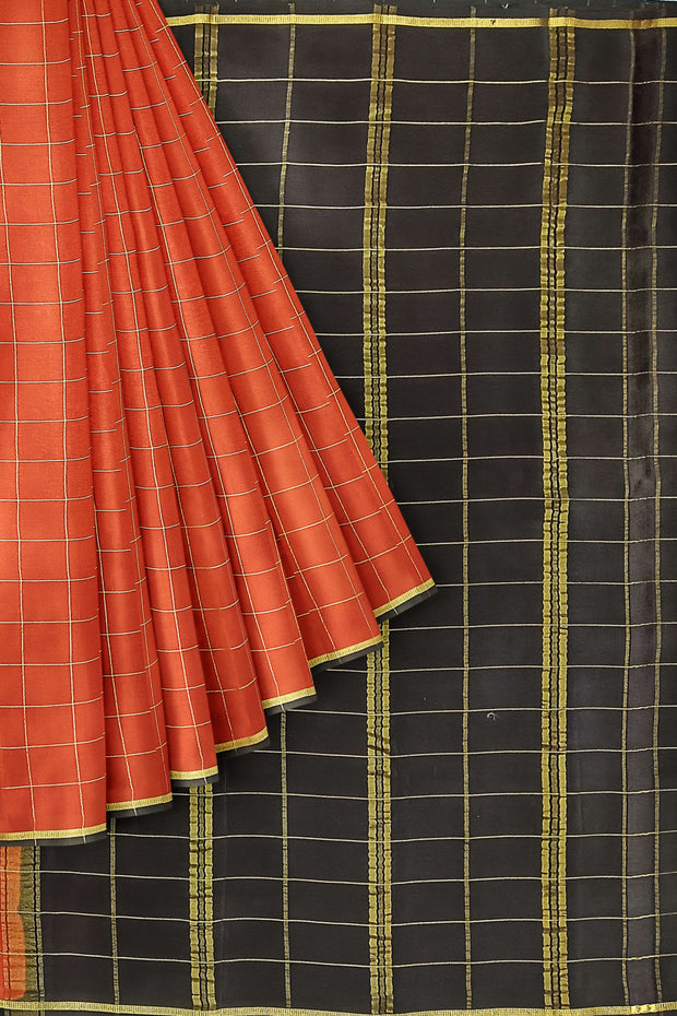 Gorgeous Mysore pure silk & pure gold zari saree in rust colour with zari checks