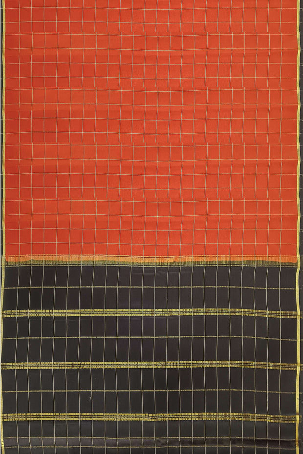 Gorgeous Mysore pure silk & pure gold zari saree in rust colour with zari checks