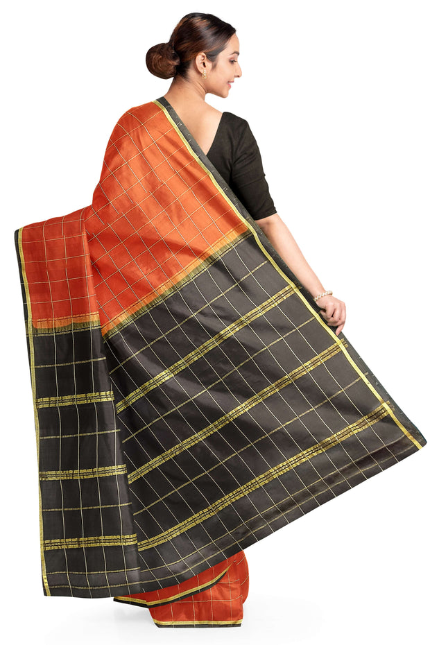 Gorgeous Mysore pure silk & pure gold zari saree in rust colour with zari checks