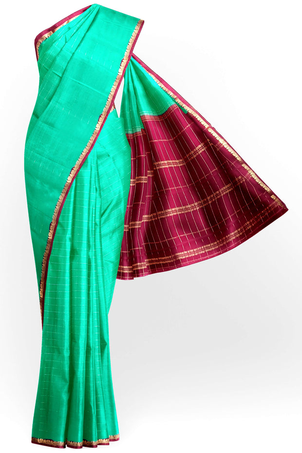 Gorgeous Mysore pure silk & pure gold zari saree in sea green with zari checks