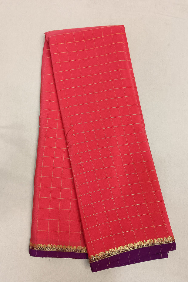 Gorgeous Mysore pure silk & pure gold zari saree in strawberry pink with zari checks