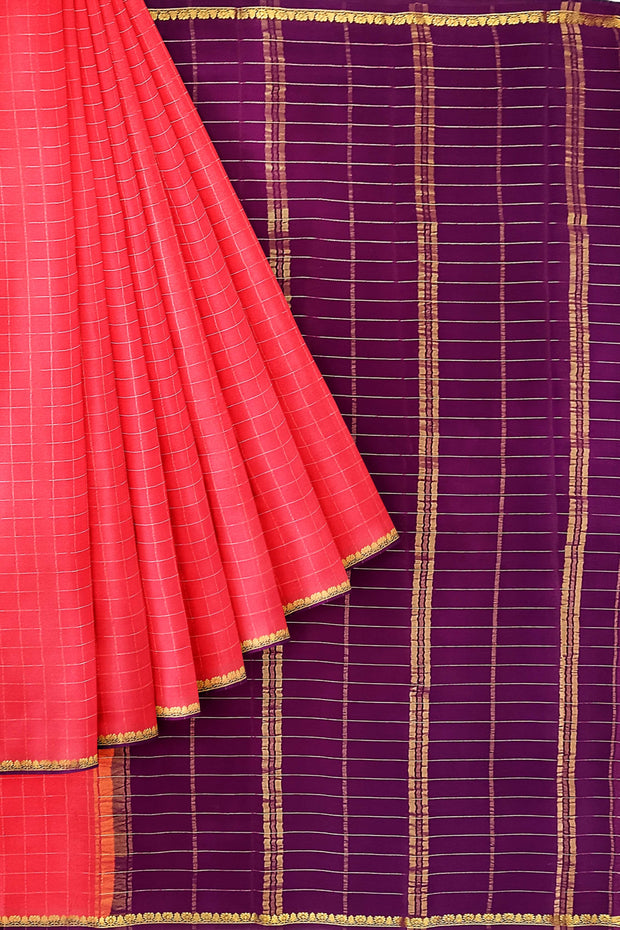 Gorgeous Mysore pure silk & pure gold zari saree in strawberry pink with zari checks