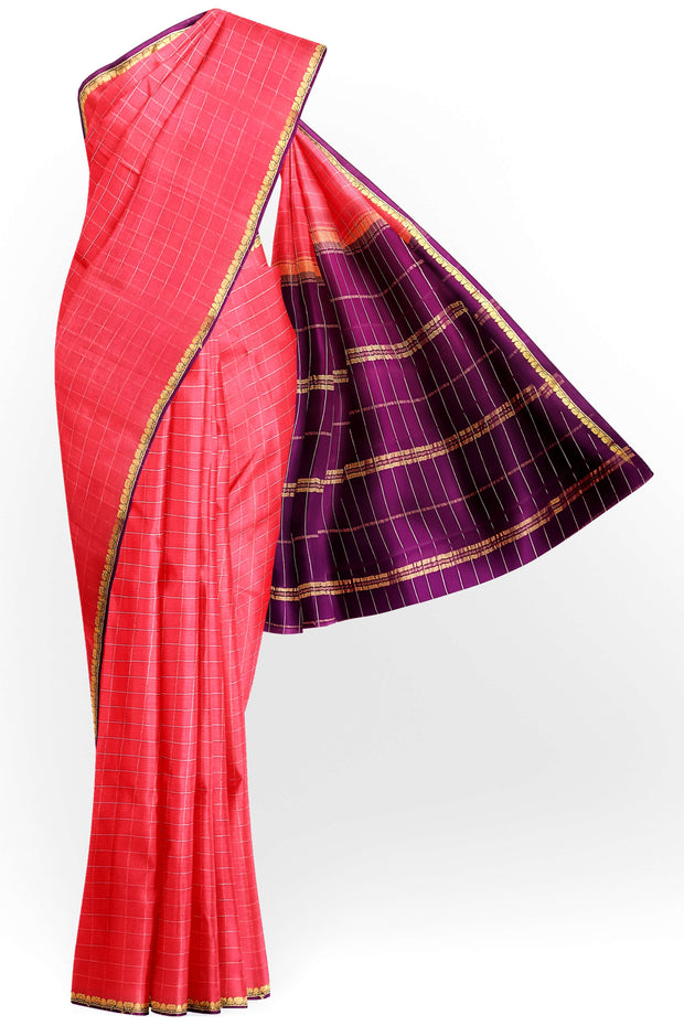 Gorgeous Mysore pure silk & pure gold zari saree in strawberry pink with zari checks