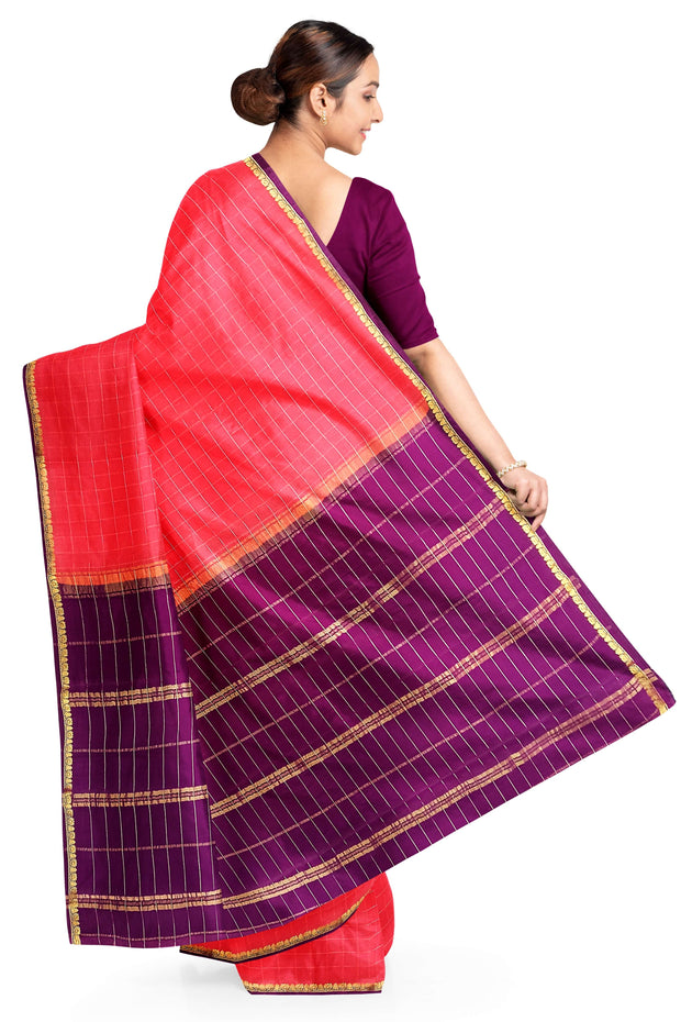 Gorgeous Mysore pure silk & pure gold zari saree in strawberry pink with zari checks