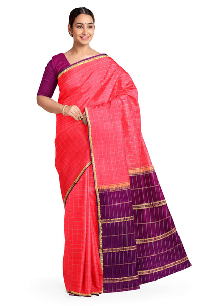 Gorgeous Mysore pure silk & pure gold zari saree in strawberry pink with zari checks