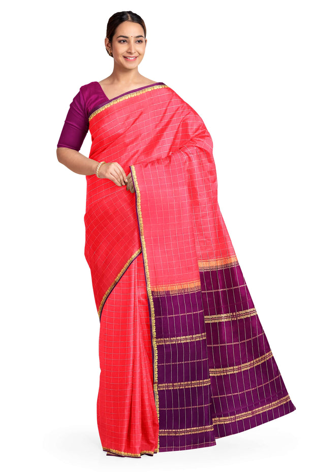 Gorgeous Mysore pure silk & pure gold zari saree in strawberry pink with zari checks