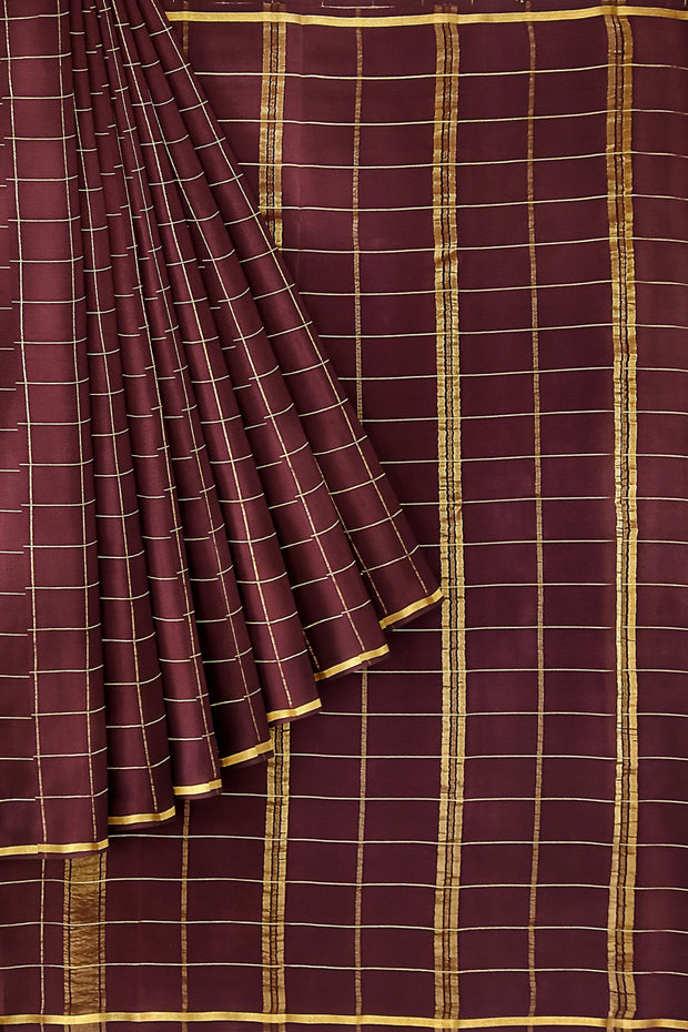 Gorgeous Mysore pure silk & pure gold zari saree in brown with zari checks