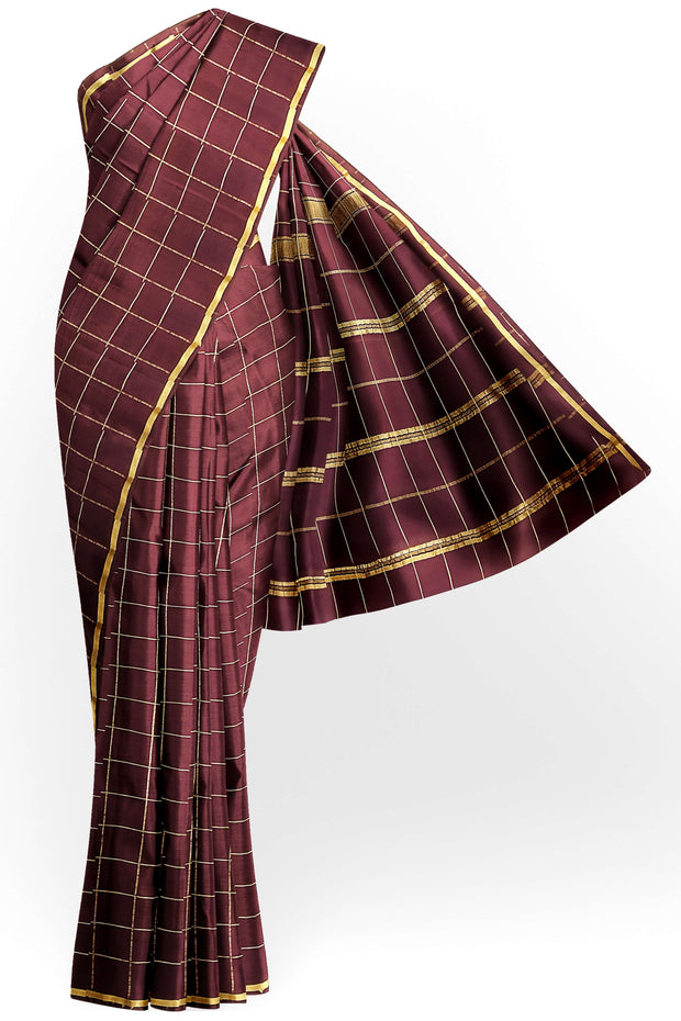 Gorgeous Mysore pure silk & pure gold zari saree in brown with zari checks
