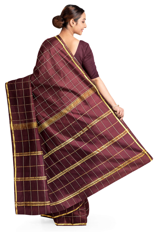 Gorgeous Mysore pure silk & pure gold zari saree in brown with zari checks