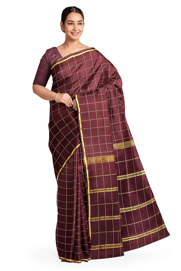 Gorgeous Mysore pure silk & pure gold zari saree in brown with zari checks