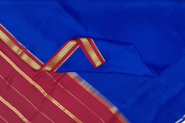 Gorgeous Mysore pure silk pure gold zari saree in royal blue with striped pallu