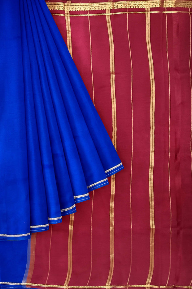 Gorgeous Mysore pure silk pure gold zari saree in royal blue with striped pallu