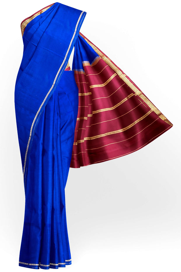 Gorgeous Mysore pure silk pure gold zari saree in royal blue with striped pallu