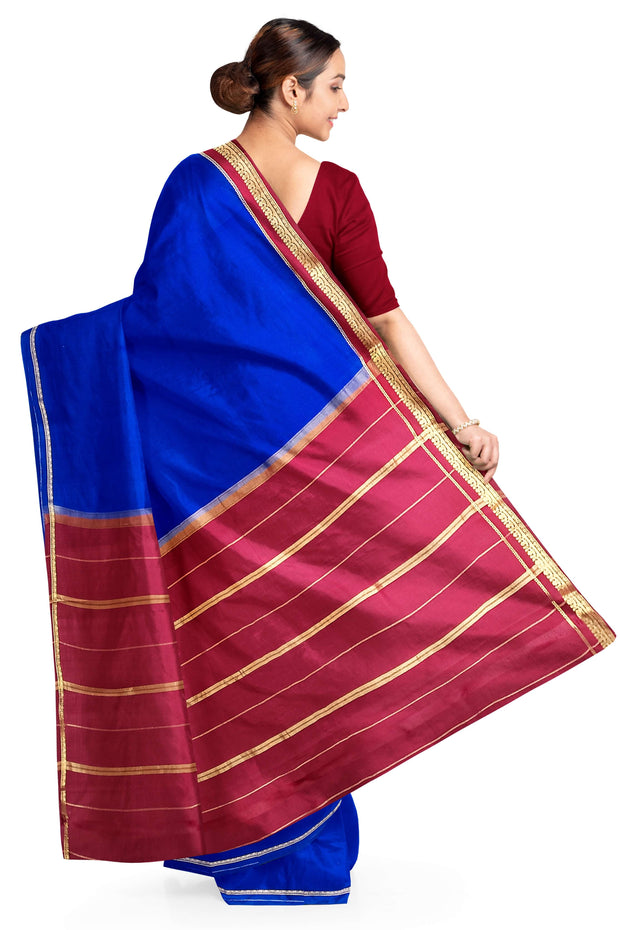 Gorgeous Mysore pure silk pure gold zari saree in royal blue with striped pallu