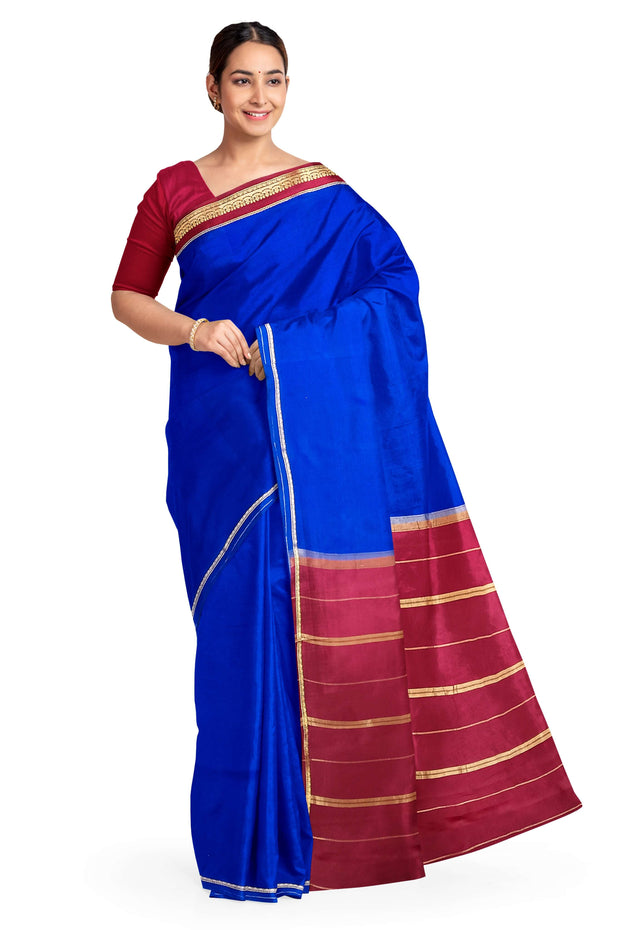 Gorgeous Mysore pure silk pure gold zari saree in royal blue with striped pallu