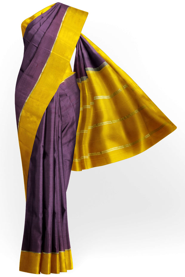 Gorgeous Mysore pure silk pure gold zari saree in brown with striped pallu