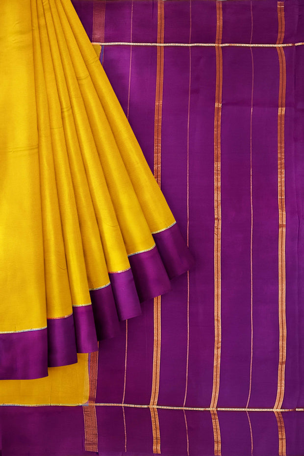 Gorgeous Mysore pure silk pure gold zari saree in mustard yellow with striped pallu